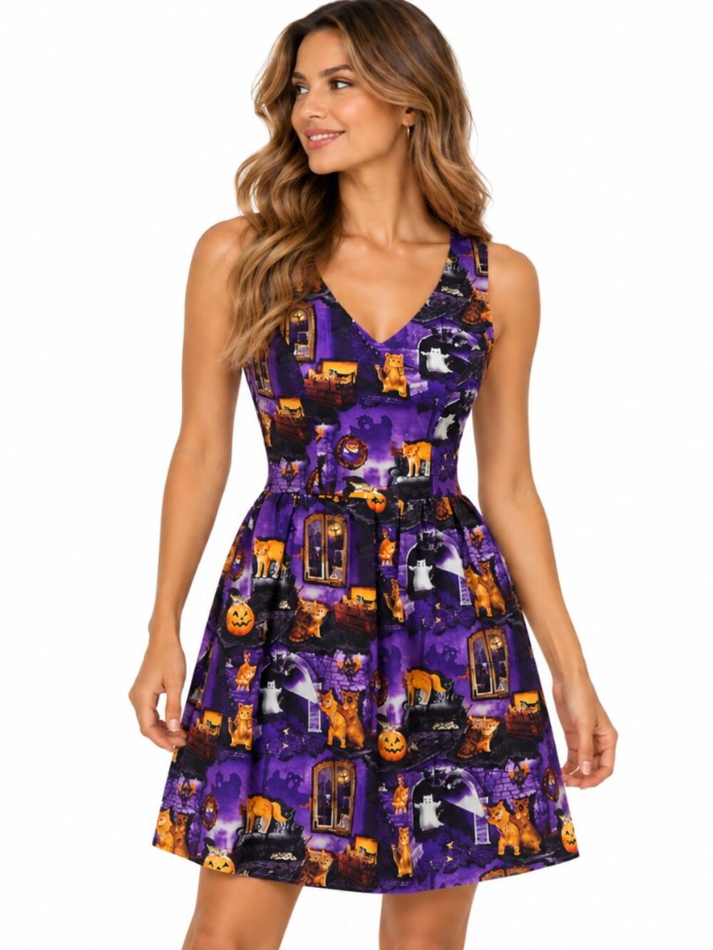 ModCloth‎ Halloween Scaredy Cat Dress XS Purple AOP Spooky Retro Kitsch Ghost